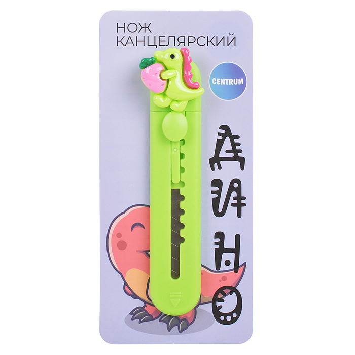 Фото к товару Нож канцелярский "Дино" ширина лезвия 9 мм, в пакете с подвесом Нож канцелярский "Дино" ширина лезвия 9 мм, в пакете с подвесом