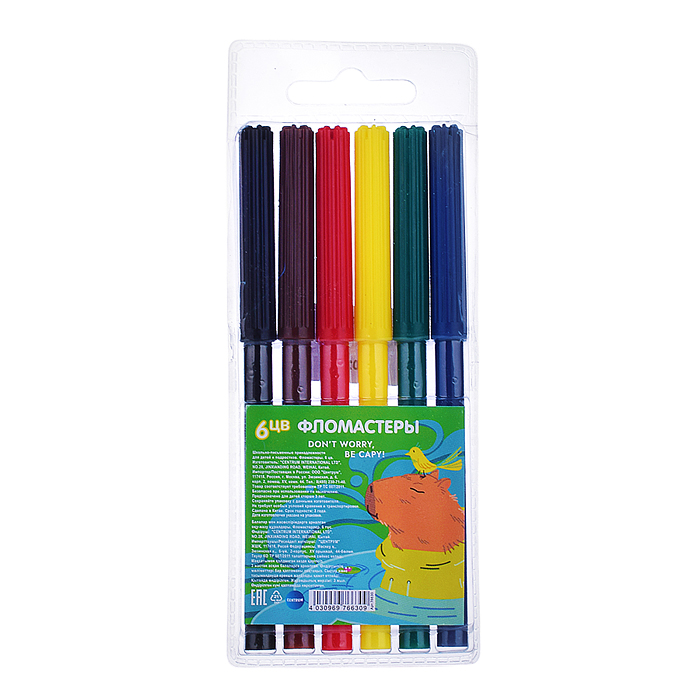 Фломастеры "Капибара", 6 цветов, на водной основе с вентилируемым колпачком. Фломастеры "Капибара", 6 цветов, на водной основе с вентилируемым колпачком.