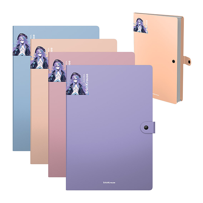 Папка-картотека на кнопке пластиковая Soft Manga, с 4 отделениями, A4, ассорти