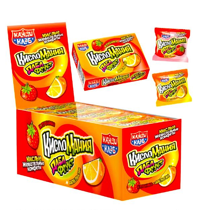 Жевательная конфета "Кисломания" апельсин-клубника 14г (30шт)