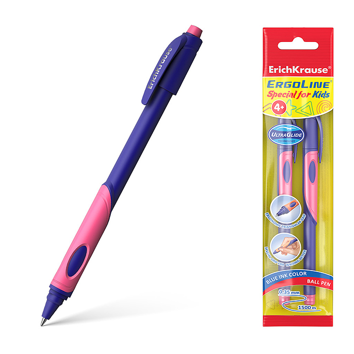 Набор из 2 ручек шариковых ErgoLine® Kids Stick&Grip Neon 0.7, Super Glide Technology, синие