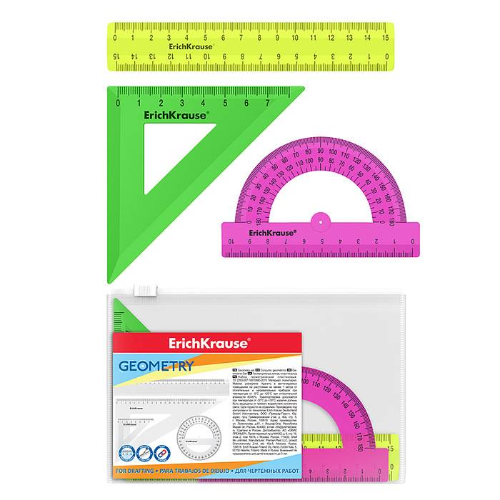 Набор геометрический малый пластиковый Neon Solid, (линейка, угольник, транспортир), асс