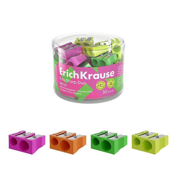 Точилка пластиковая EasySharp Duo, Neon ассорти (в тубусе по 30 шт)