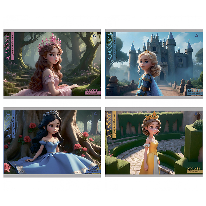 Альбом для рисования А4 12л., на скрепке, мелованный картон, "Принцесса у замка", 4 дизайна