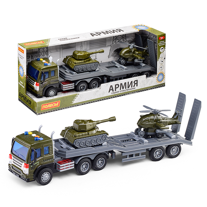 Автомобиль-трейлер "Сити" инерционный (со светом и звуком) + танк "Штурм" инерционный, вертолёт "Шт Автомобиль-трейлер "Сити" инерционный (со светом и звуком) + танк "Штурм" инерционный, вертолёт "Шт