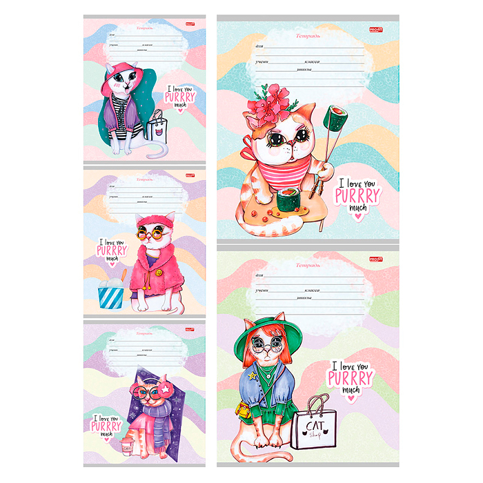 Тетрадь 12л. дополнительная косая линия "Котики в нарядах" 5 диз.в спайке