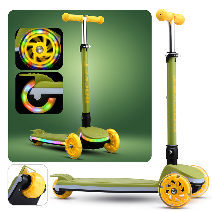 Самокат трёхколёсный R0198 ROCKET колёса световые PU, цвет зелёный в пакете