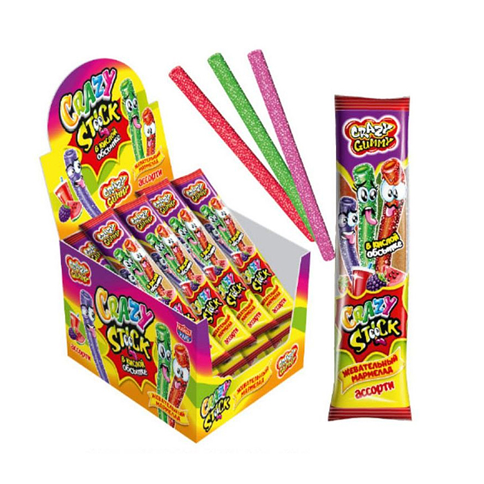 Жевательный мармелад в кислой обсыпке "Crazy gummy. Crazy stick" ассорти 20гр*24шт