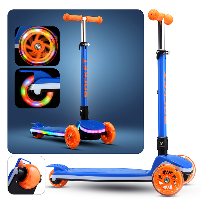 Самокат трёхколёсный R0198 ROCKET колёса световые PU, цвет синий в пакете