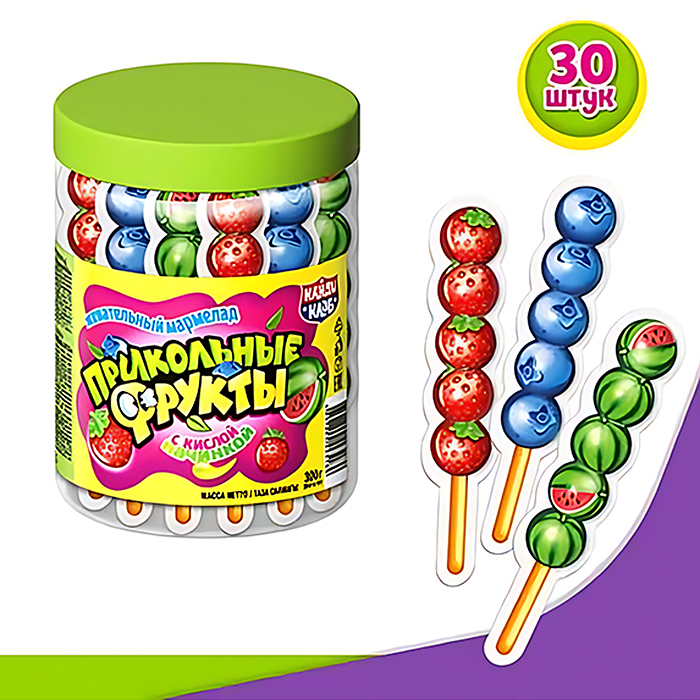 Жевательный мармелад с кислой начинкой "Прикольные Фрукты" 10гр*30шт