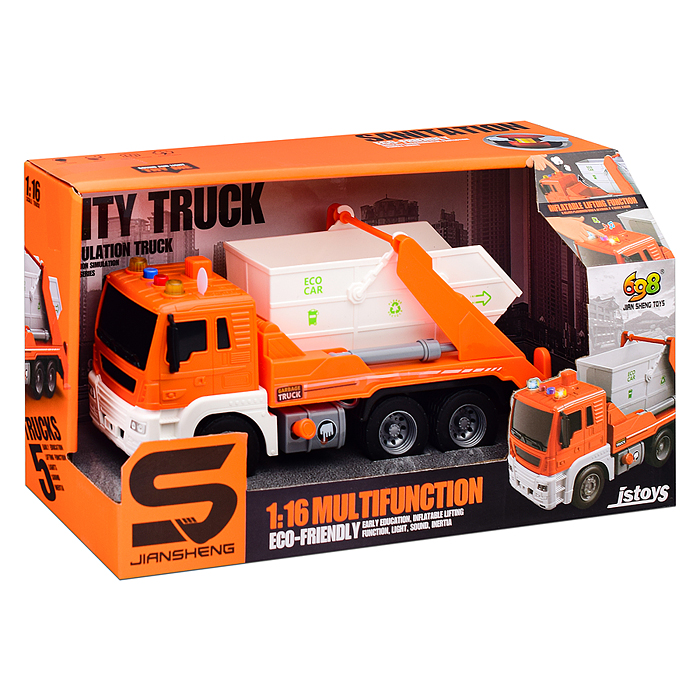 Машина JS107В "Мусоровоз" 1:16 (свет, звук) цвет оранжевый, в коробке