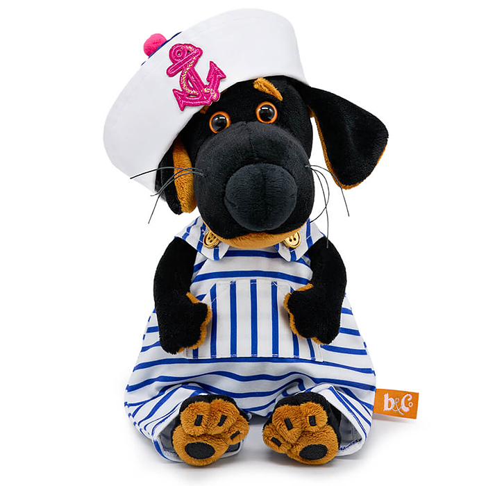 Собака Ваксон BABY в полосатом комбинезоне и панаме с якорем