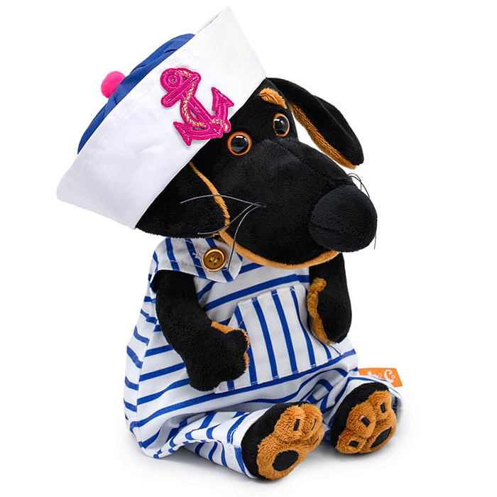 Собака Ваксон BABY в полосатом комбинезоне и панаме с якорем