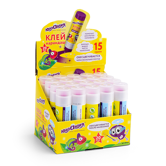 Клей-карандаш цветной "Юнландик и хамелеон", 15 г, обесцвечивающийся после высыхания