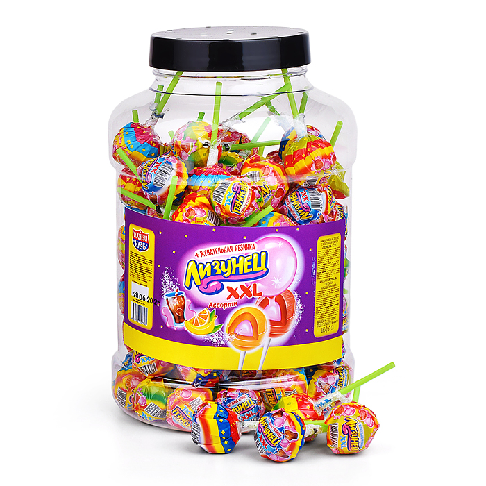 Карамель на палочке с жевательной резинкой "Лизунец XXL" ассорти 24 г*100 шт
