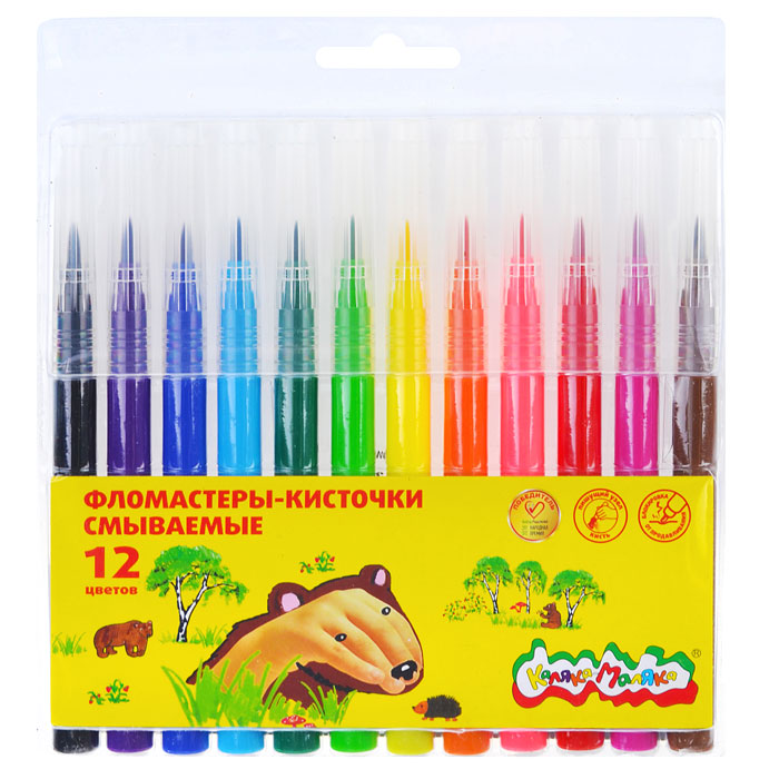 Фломастеры-кисточки 12 цв. вент. колп., круглый корпус Фломастеры-кисточки 12 цв. вент. колп., круглый корпус