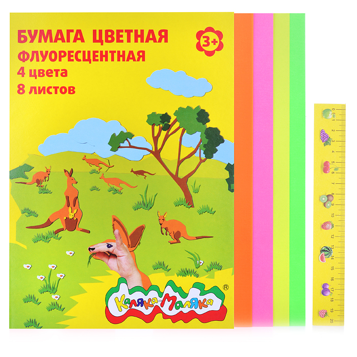 Бумага цветная 8 л. 4 цв. 1-стор. флуор. в папке 3+ Бумага цветная 8 л. 4 цв. 1-стор. флуор. в папке 3+