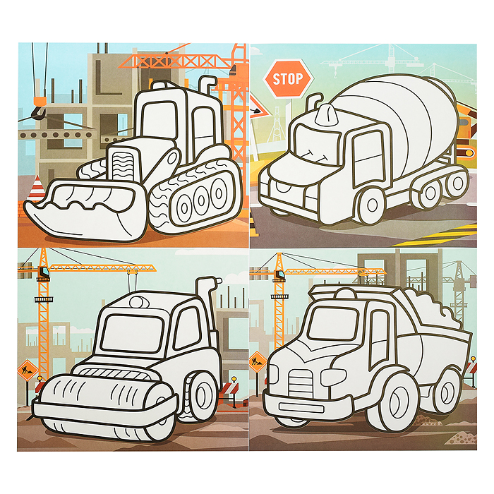 Раскраска пластилином "Рабочие машины" 4 карт. 200х200 мм в папке конверте
