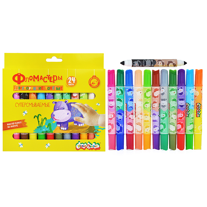 Фломастеры 24 цв. утолщенные, классические, кругл. корп. суперсмываемые карт. упак. двух Фломастеры 24 цв. утолщенные, классические, кругл. корп. суперсмываемые карт. упак. двух