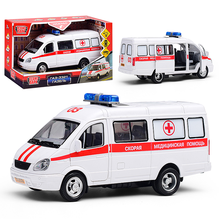 Машина пластик свет-звук Газель Скорая 20см, (открыв. двери) инер, коробке