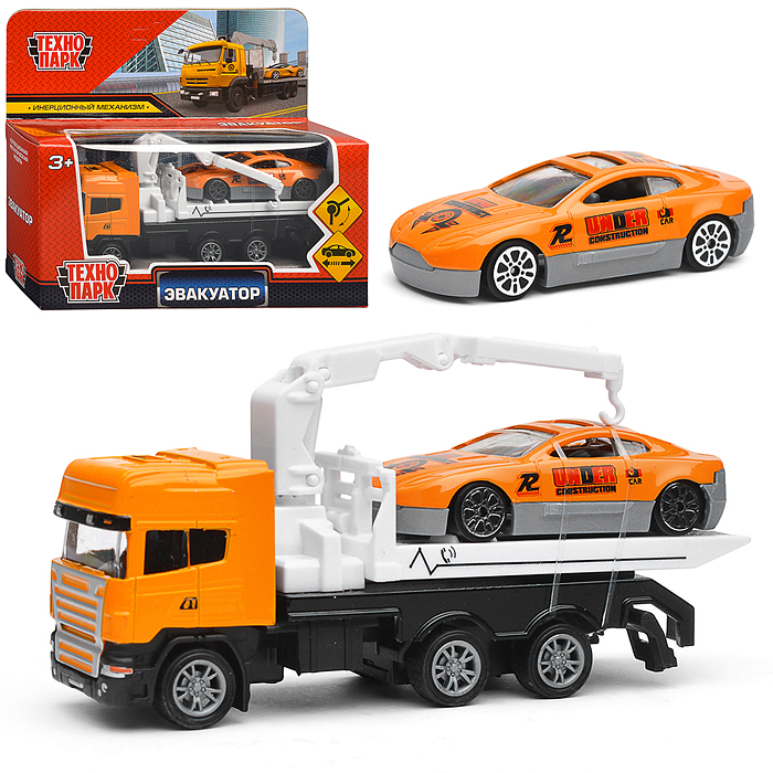 Машина металл Эвакуатор 12см, с машиной 7см, инерция подвижный кран, в коробке