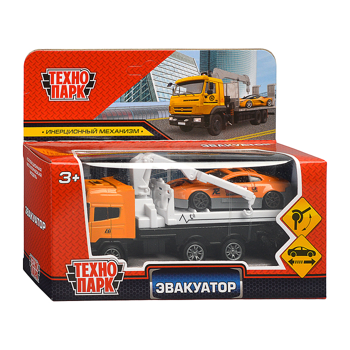 Машина металл Эвакуатор 12см, с машиной 7см, инерция подвижный кран, в коробке