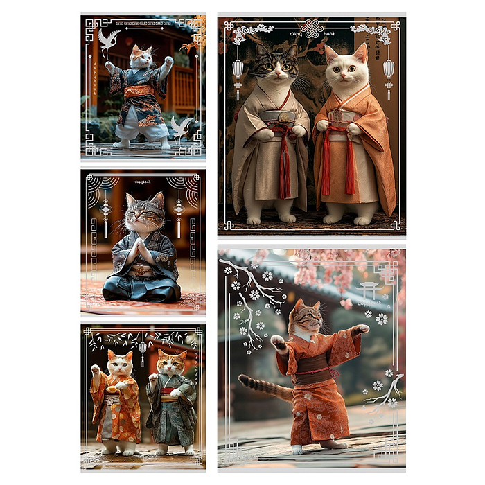 Тетрадь 48л. клетка "Азиатские котики" 5 диз в сп,серебро, 5+0, лён