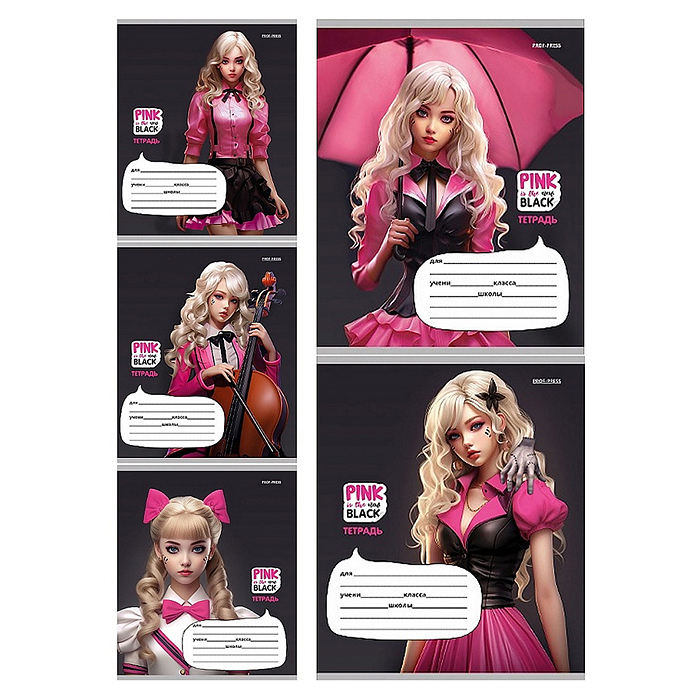 Тетрадь 12л. клетка "Pink&Black" цвет. мел. обл. ,5 диз в спайке 