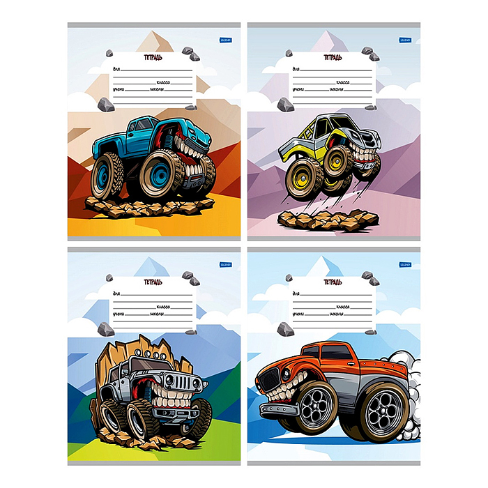 Тетрадь 12л. косая линия "Зубастый автомобиль" цв.мелов.обл., 4 дизайна в короб