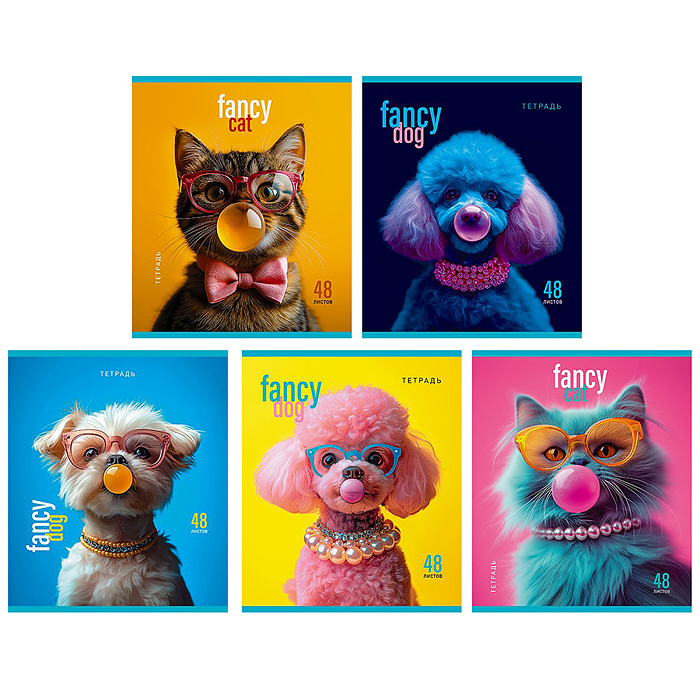 Тетрадь 48л. клетка А5 скрепка S "Модные зверушки" Премиум 4+0+Матовая ламинация+ВыбУФ-лак