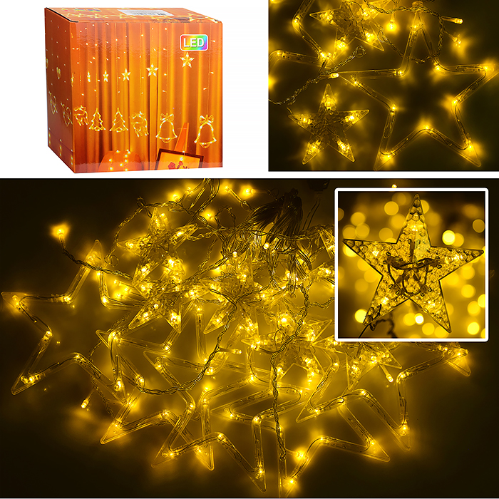 Электрогирлянда-занавес "Звёзды" (6 больших и 6 маленьких пластиковых звёзд), теплый