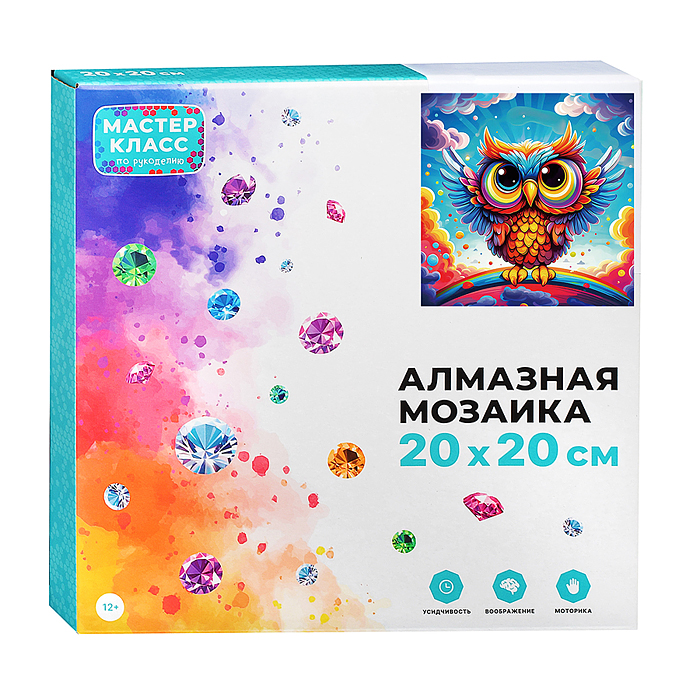 Фото к товару Мозаика алмазная MKA2020-13 "Радужная сова" 20*20см. Мозаика алмазная MKA2020-13 "Радужная сова" 20*20см.