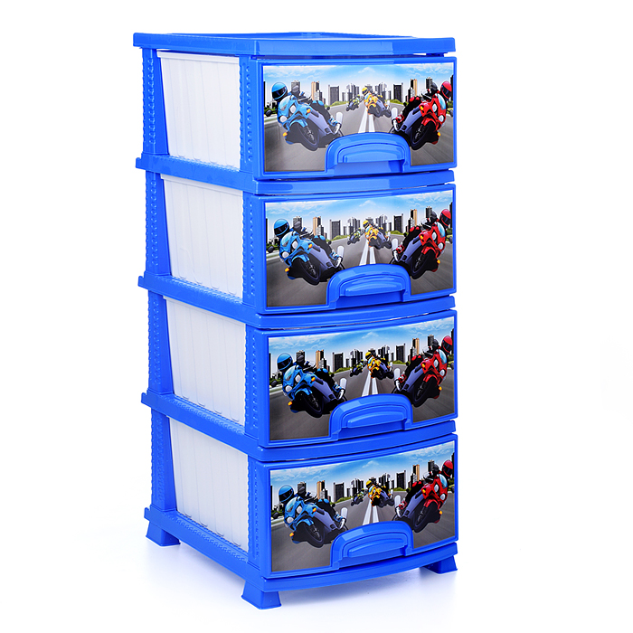 Комод "Декор" "Мотокросс" 4 секции темно-голубой / белый