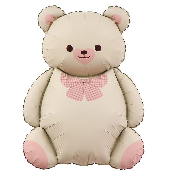 Шар (35''/89 см) Фигура, Мишка с бантом, Бежевый/Розовый, Сатин, 1 шт. в уп.