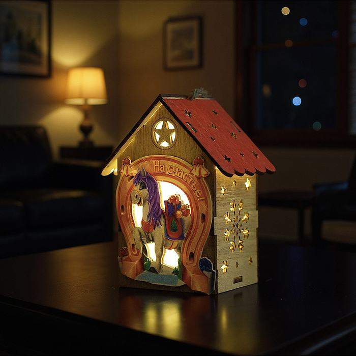 Новогоднее украшение S2394 "Домик со светом. Подкова на счастье" в пакете