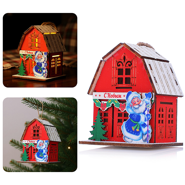 Новогоднее украшение S2393 "Домик со светом. Дедушка Мороз" в пакете