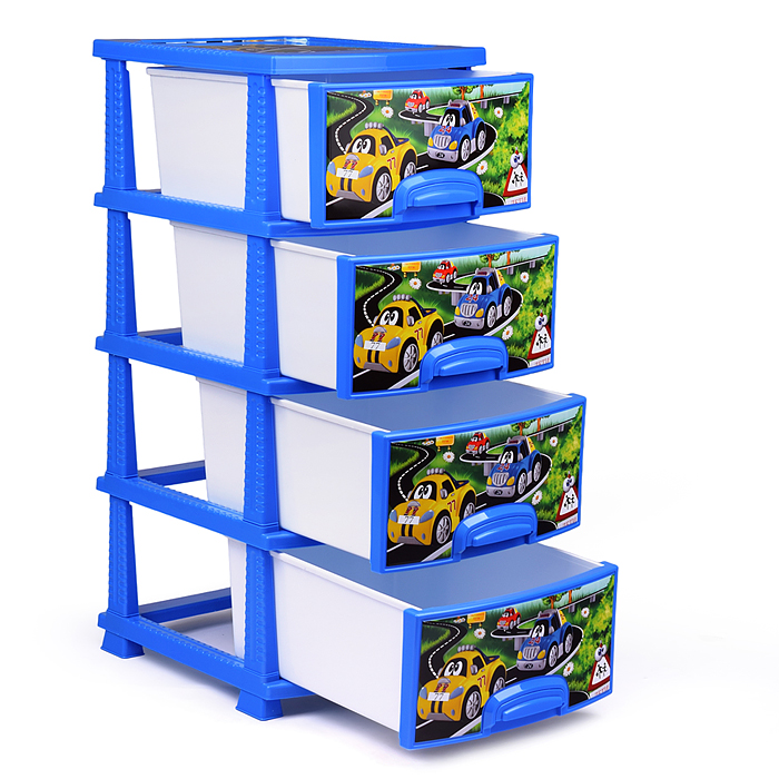 Фото к товару Комод "Декор" "Машинки" 4 секции темно-голубой / белый Комод "Декор" "Машинки" 4 секции темно-голубой / белый