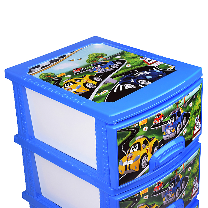 Фото к товару Комод "Декор" "Машинки" 4 секции темно-голубой / белый Комод "Декор" "Машинки" 4 секции темно-голубой / белый