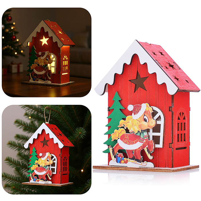 Новогоднее украшение S2392 "Домик со светом. Лошадка" в пакете