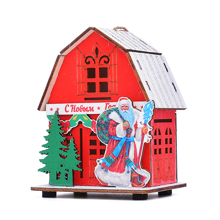 Новогоднее украшение S2397 "Домик со светом. Дедушка Мороз с подарками" в пакете