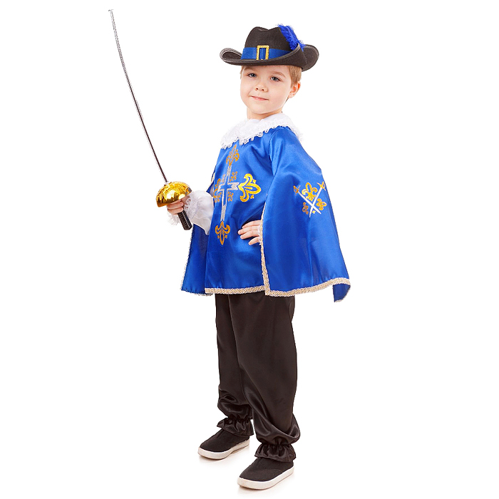 Костюм "Мушкетер синий" (рубашка сплащом, брюки, шляпа,шпага) размер 116-30 Костюм "Мушкетер синий" (рубашка сплащом, брюки, шляпа,шпага) размер 116-30