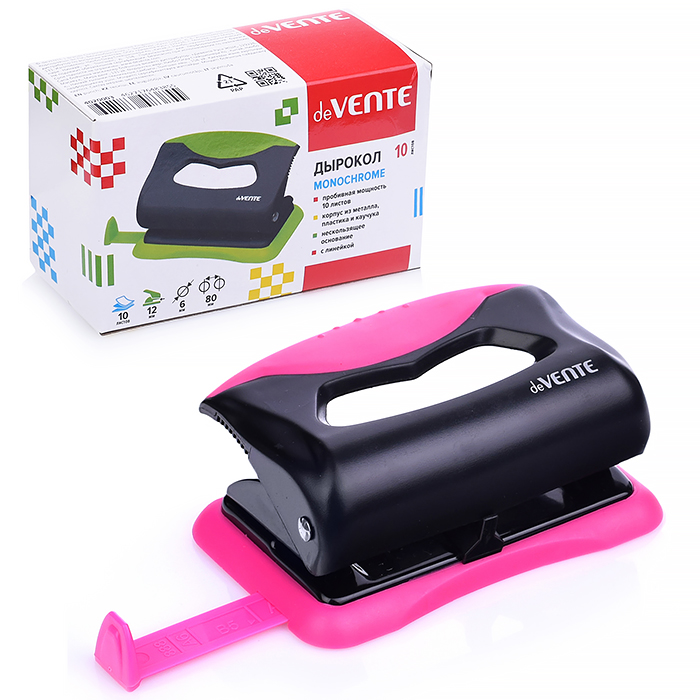 Дырокол "MonoChrome" (10 листов) пластиковый с каучуковой вставкой, с линейкой, в картонной