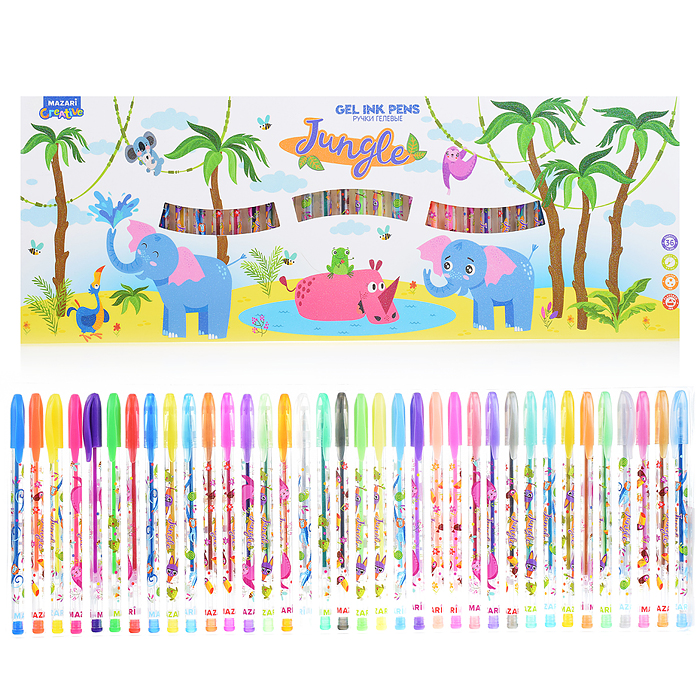 Набор ручек гелевых с блёстками Jungle, с ароматизированными чернилами, 36 цв., пулевидный пиш.узел 