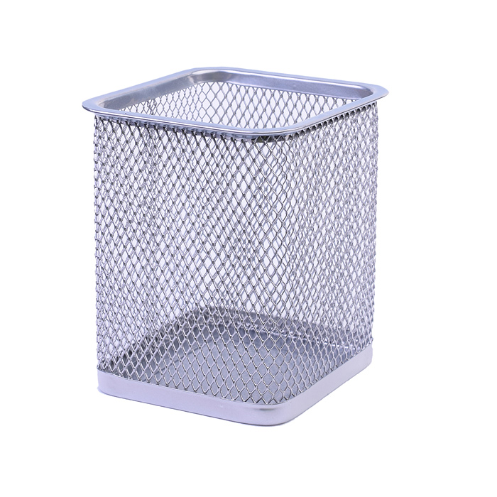 Подставка для пишущих принадлежностей 8x8x9,8 см, квадратный, сетчатая металлическая, сера