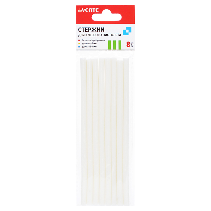 Клеевые стержни Ø 7 мм, непрозрачные белые, длина 180 мм, 8 шт в упаковке c картонным евро