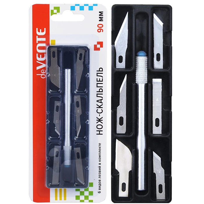 Нож-скальпель канцелярский металлический, 6 лезвий в комплекте, картонный блистер