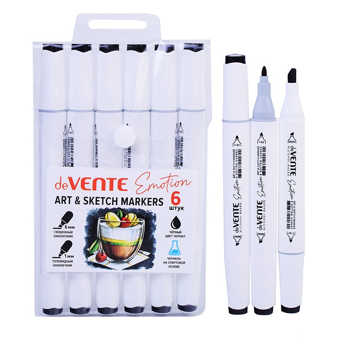 Маркер для скетчинга "Emotion" черный, двусторонний (пулевидный 1 мм/скошенный до 6 мм) эрг