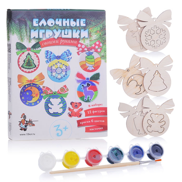 Набор для творчества "Елочные игрушки своими руками" 12 фигурок + краски Набор для творчества "Елочные игрушки своими руками" 12 фигурок + краски