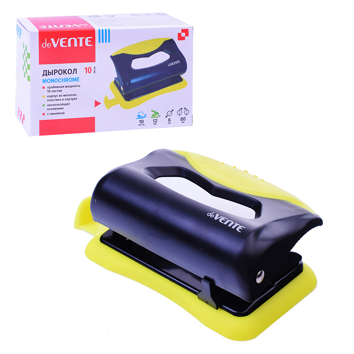 Дырокол "MonoChrome" (10 листов) пластиковый с каучуковой вставкой, с линейкой, в картонной