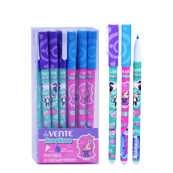 Ручка гелевая стираемая "NicoNico" d=0,5 мм, 2 дизайна корпуса ассорти, с ластиком, смен